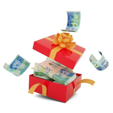 Israeli Shekel notes inside an open red gift box. Israeli Shekel inside and flying around a gift box. 3d rendering of money inside box isolated on white background