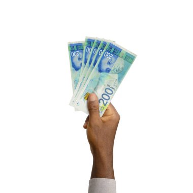 Black Hand holding 3D rendered Israeli Shekel notes