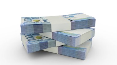 3d rendering of Stack of 1000 Philippines peso notes. Few bundles of Philippines currency isolated on white background