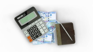 3D rendering of an isolated composition of Philippines Peso notes, a calculator, a note book and a pen