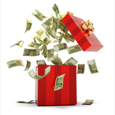 3D rendering of A lot of 100000 Iranian rial notes coming out of an opened red gift box