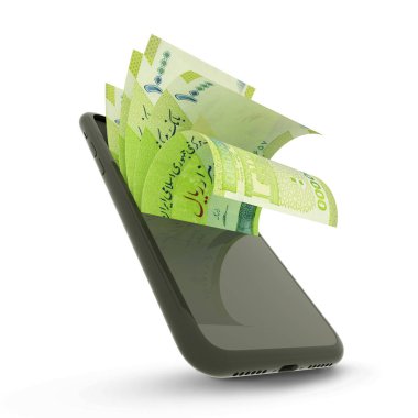 3D rendering of Iranian rial notes inside a mobile phone isolated on white background