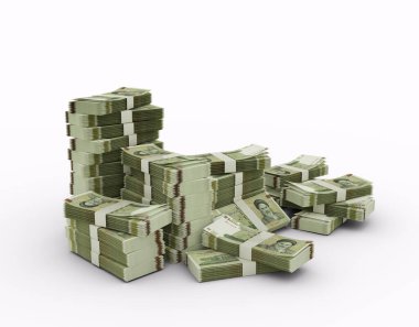 Stack of 100000 Iranian rial notes. 3d rendering of bundles of money isolated on white background