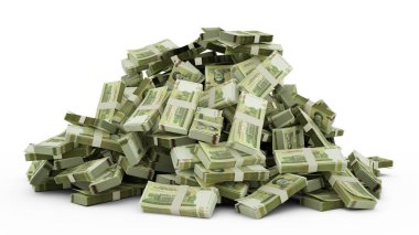 Big pile of 100000 Iranian rial notes a lot of money over white background. 3d rendering of bundles of cash