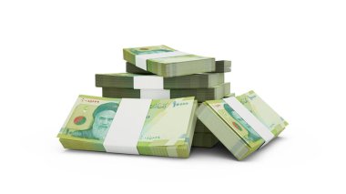 3d rendering of Stack of 100000 Iranian rial notes. bundles of Iranian currency notes isolated on white background