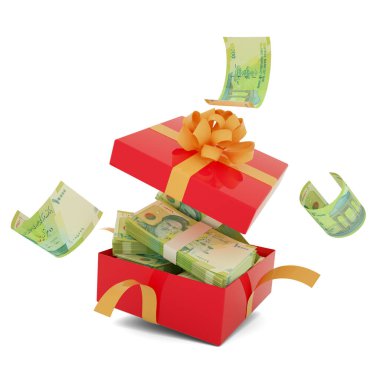 10000 Iranian rial notes inside an open red gift box. Iranian rial inside and flying around a gift box. 3d rendering of money inside box isolated on white background