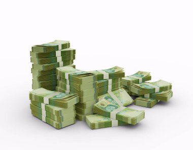 Stack of 100000 Iranian rial notes. 3d rendering of bundles of money isolated on white background