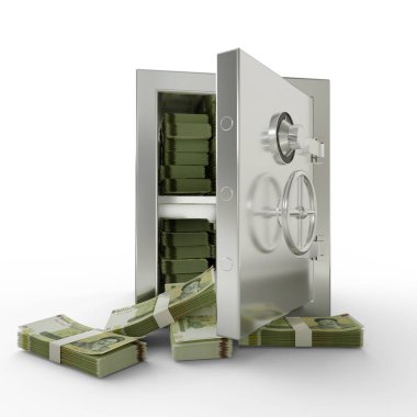 Bundles of 100000 Iranian rial in Steel safe box. 3D rendering of stacks of money inside metallic vault isolated on white background, Financial protection concept, financial safety.