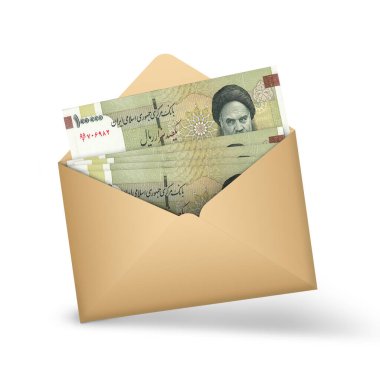 100000 Iranian rial notes inside an open brown envelope. 3D illustration of money in an open envelope
