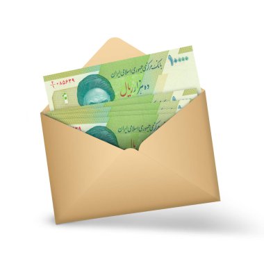 Iranian rial notes inside an open brown envelope. 3D illustration of money in an open envelope