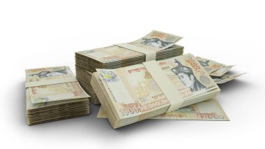 3D Stack of 1000 Bhutanese ngultrum notes isolated on white background