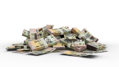 3D Stack of 100 Peso Uruguayo notes isolated on white background. Uruguay Currency
