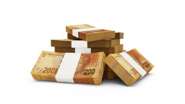200 Güney Afrika rand notunun 3D kopyası. Güney Afrika para birimi banknotları beyaz arkaplanda izole edilmiş