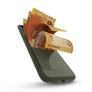 Beyaz arkaplanda izole edilmiş bir cep telefonundaki Güney Afrika Rand notlarının 3 boyutlu yorumlanması