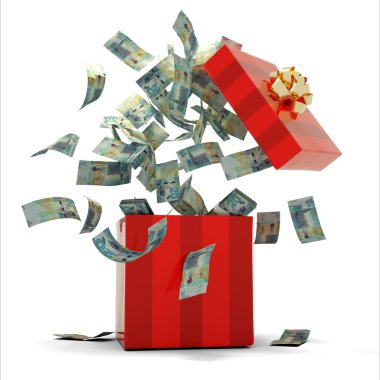3D rendering of A lot of 20 Kuwaiti dinar notes coming out of an opened red gift box. Money flying out of box