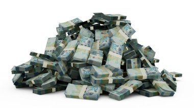 Big pile of 20 Kuwaiti dinar notes a lot of money over white background. 3d rendering of bundles of cash