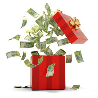 3D rendering of A lot of Yemeni rial notes coming out of an opened red gift box. Money flying out of box