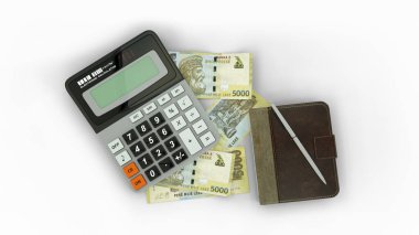 3D rendering of an isolated composition of Albanian Leke notes, a calculator, a note book and a pen