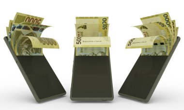 Albanian lek notes inside a mobile phone. money coming out of mobile phone. 3d rendering of set of mobile money transaction concept. money from Phone. money from Phone