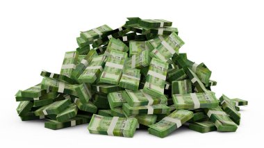 Big pile of Guyanese dollar notes a lot of money over white background. 3d rendering of bundles of cash