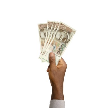 Black Hand holding 3D rendered 200 Croatian kuna notes isolated on white background