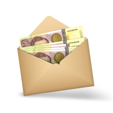 Georgian lari notes inside an open brown envelope. 3D illustration of money in an open envelope