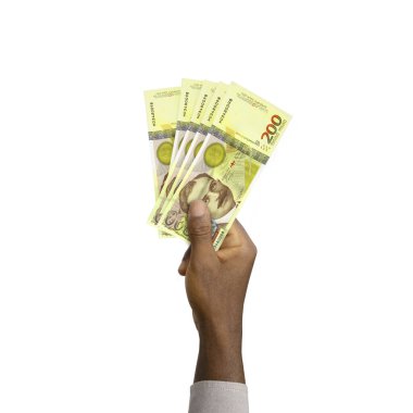 Black Hand holding 3D rendered 200 Georgian lari notes isolated on white background