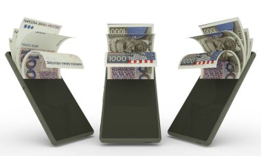 Croatian kuna notes inside a mobile phone. money coming out of mobile phone. 3d rendering of set of mobile money transaction concept. money from Phone