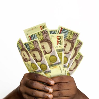 Black hands holding 3D rendered 200 Georgian lari notes. closeup of Hands holding Georgian currency notes