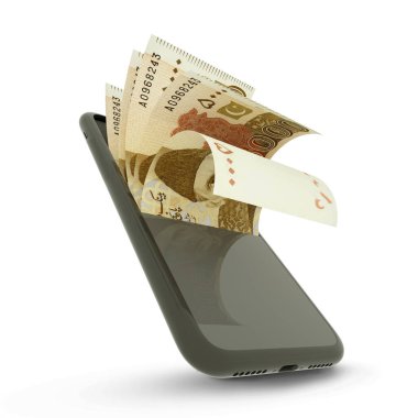 3D rending of 5000 Pakistani rupee notes inside a mobile phone isolated on white background