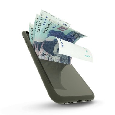 3D rendering of Pakistani rupee notes inside a mobile phone isolated on white background