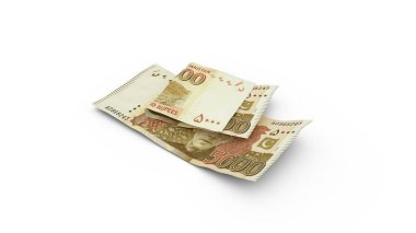 3D rendering of Double 5000 Pakistani rupee notes isolated on white background