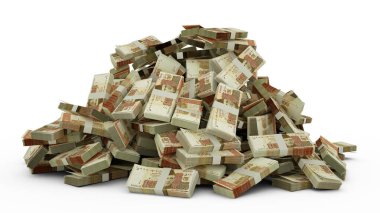 Big pile of Pakistani rupee notes a lot of money over white background. 3d rendering of bundles of cash