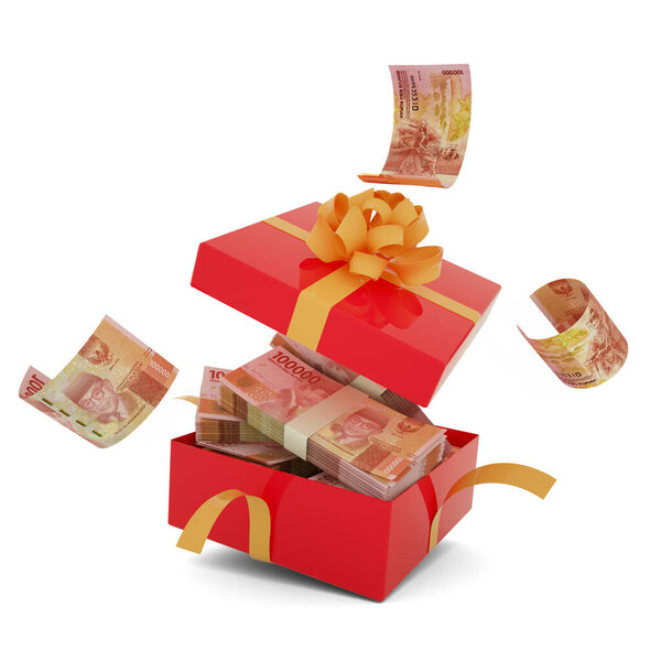 Индонезийская рупия в открытой красной подарочной коробке. Индонезийская рупия внутри и летающая вокруг подарочной коробки. 3D рендеринг денег внутри коробки изолированы на белом фоне
