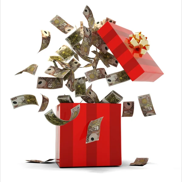3D rendering of A lot of100 New Zealand dollar notes coming out of an opened red gift box