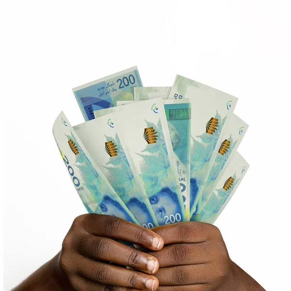 Black hands holding 3D rendered 200 Israeli Shekel notes. closeup of Hands holding Israeli currency notes