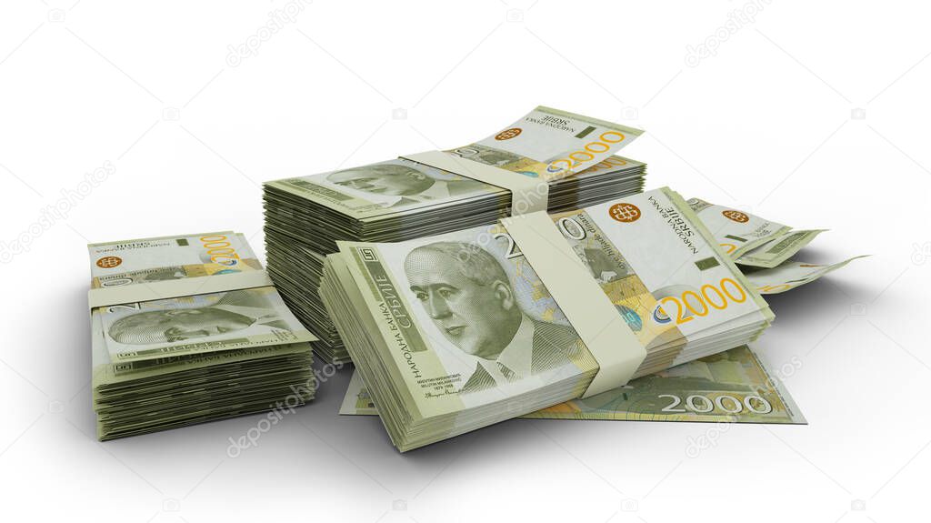 3D Stack of Serbian dinar notes isolated on white background