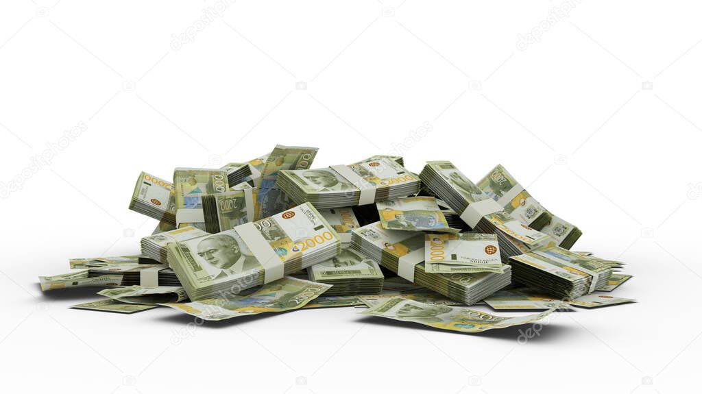 3D Rendering of Stack of Serbian dinar notes isolated on white background. Bundles of dinar notes