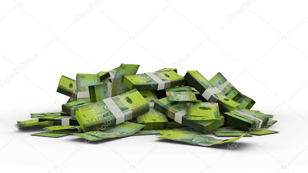 3D Rendering of Stack of 100 Samoan tala notes isolated on white background. Bundles of tala notes