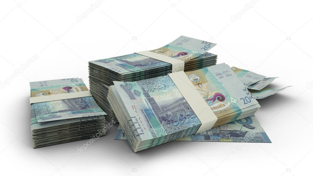 3D Stack of 20 Kuwaiti dinar notes isolated on white background