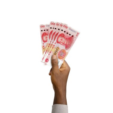 Black Hand holding 3D rendered 100 Chinese yuan notes isolated on white background