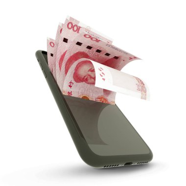 3D rending of Chinese Yuan notes inside a mobile phone. money coming out of mobile phone