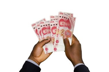 Black Hands in suit holding 3D rendered Chinese Yuan notes