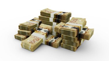 Bir yığın Kanada doları. Banknotların 3B görüntülenmesi
