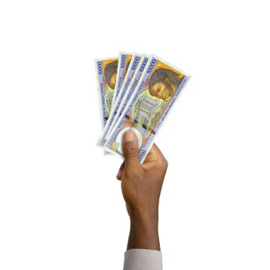 Black Hand holding 3D rendered Central African CFA franc notes isolated on white background