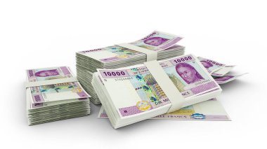 3d rendering of Stack of 10000 Central African CFA franc notes. bundles of Central African currency notes isolated on white background