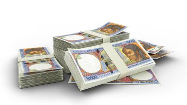 3d stack of Central African CFA franc notes isolated on white background. 3d rendering