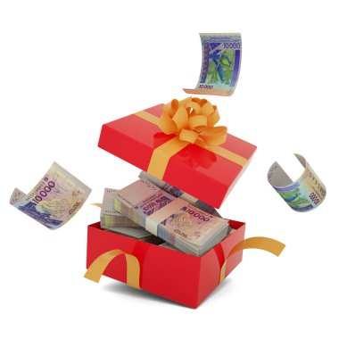 Stack of 10000 west African cfa franc dollar notes inside an open red gift box. Bundles of cfa francs inside a gift box. 3d rendering of money inside box isolated on white background
