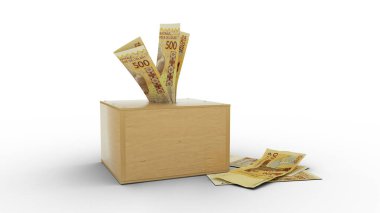 3D rendering of CFA Franc notes in wooden Savings box