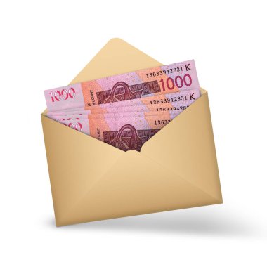 West African cfa notes inside an open brown envelope. 3D illustration of money in an open envelope